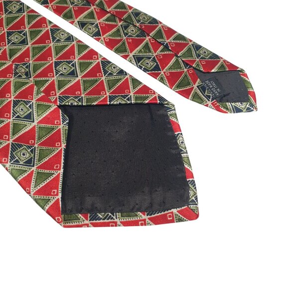 Vintage AKM All Silk Long Tie Italian Designer Office Dad Gift Red Green - Picture 5 of 5